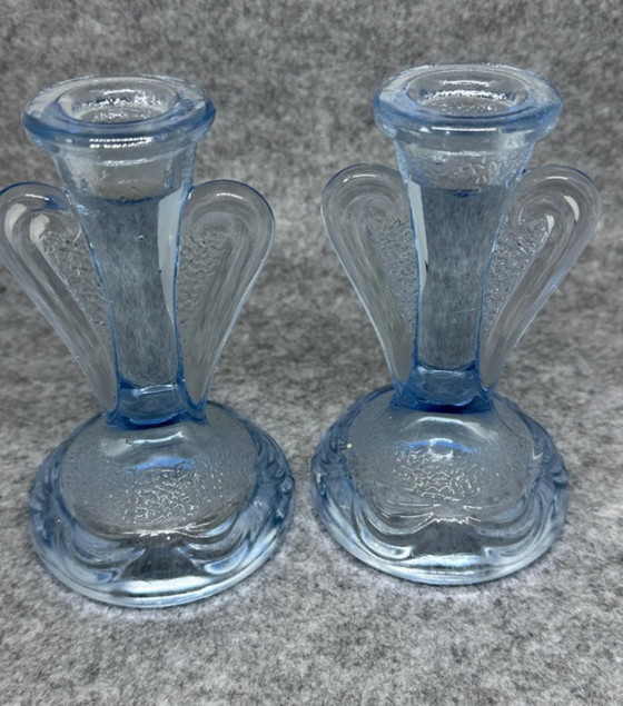 Image 1 of Candelieri in vetro Blue Bagley – art déco – set da 2