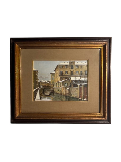 Pintura al óleo sobre tabla de los Navigli de Milán, años 50