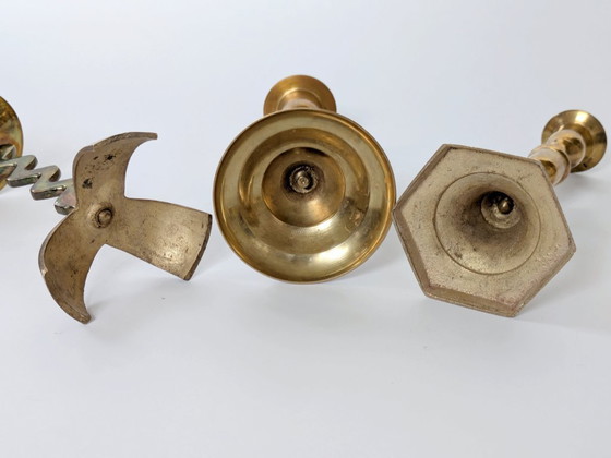 Image 1 of Set of 6 Vintage Brass Candleholders: Mixed-Height and Designs, Holiday Table