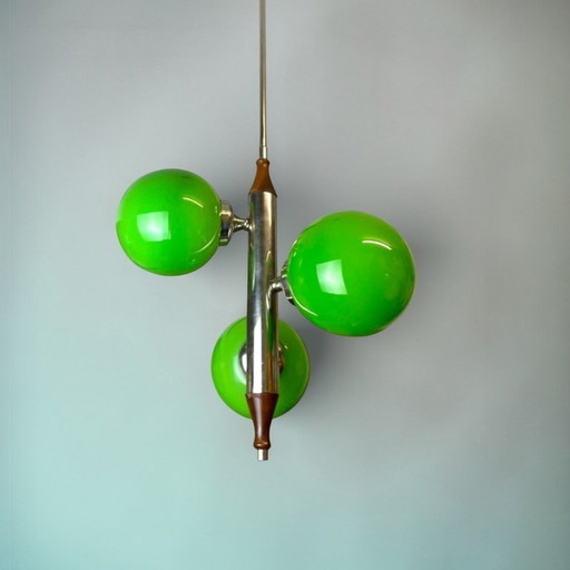 Portuguese Mid Century Modern Space Age chandelier clustered hanging lamp with 3 green globes, 1960s