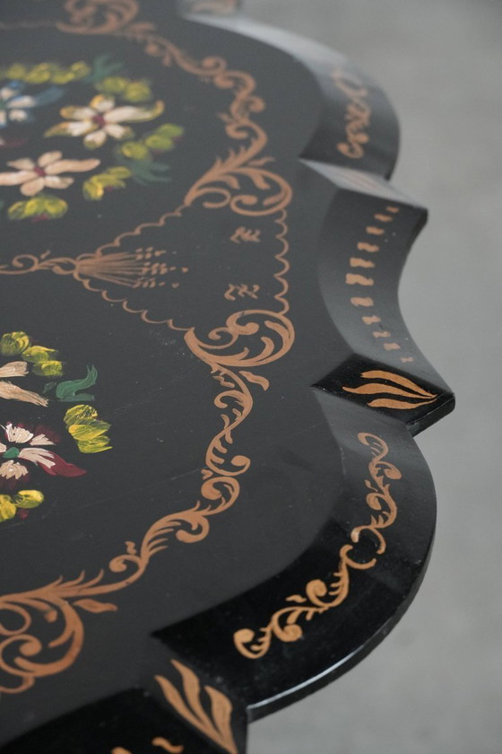 Image 1 of Antique English hand-painted floral tilt-top table from the late 19th century
