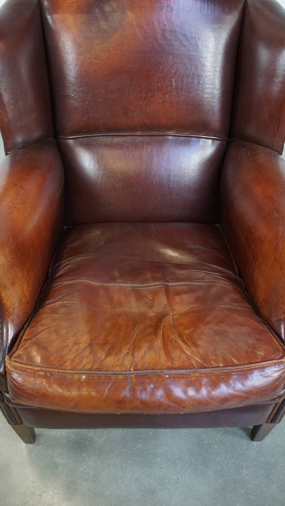 Image 1 of Fauteuil à oreilles vintage en cuir de mouton