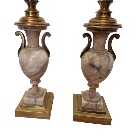 Image 1 of Antique French oil lamps on marble urn, 2nd half 19th century