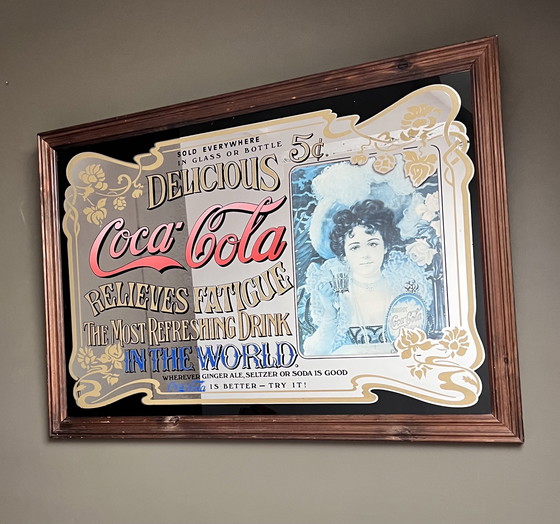 Image 1 of Antiker Coca-Cola-Spiegel – Werbetafel im Jugendstil in Holzrahmen (ca. 1900)