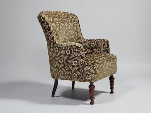 Poltrona danese, anni '50, rivestimento in velluto verde, gambe in legno di frassino.