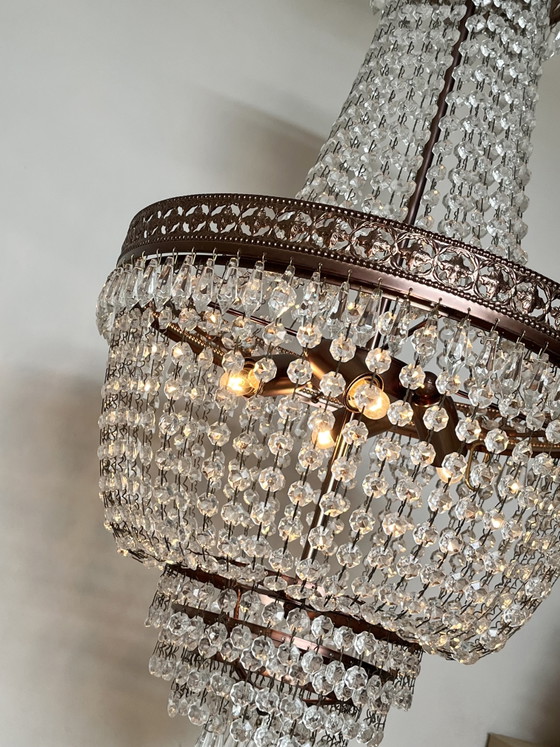 Image 1 of Vintage kristallen kroonluchter hanglamp met punt pegels Zakkroonluchter brons frame