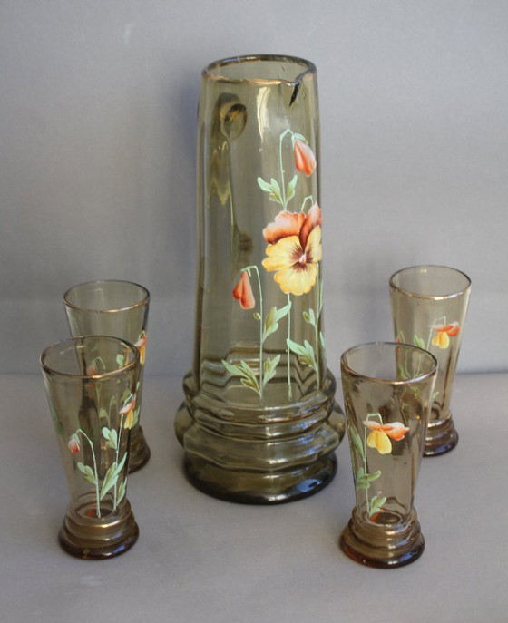Image 1 of Antike hohe Bierkanne Krug grünes Glas Emailmalerei Blumen um 1900 mit 4 Gläsern