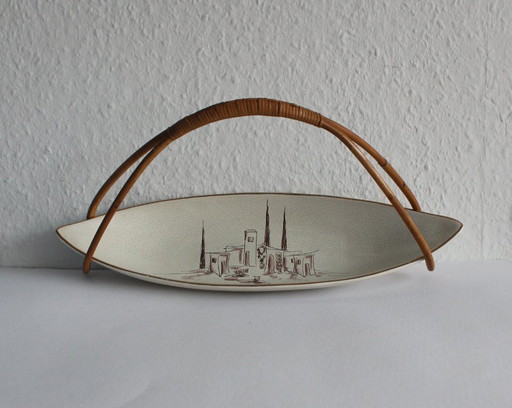 Große ovale Anbietschale Obstschale aus den 50er Jahren mit abnehmbaren Bambushenkel Krakelee Lasur handbemalt mid-century 