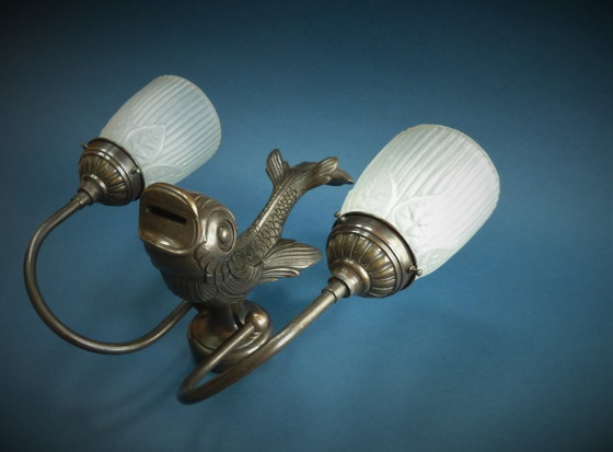 Image 1 of lampada da parete doppia a delfino in bronzo art déco