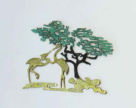 Image 1 of Decorazione murale vintage con gru in ottone, stile anni '50, '60, '70, arredamento di metà secolo.