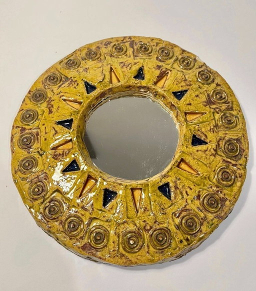 Espejo de pared Sunburst de cerámica esmaltada - Circa 1960 - Al estilo de Mithé Espelt