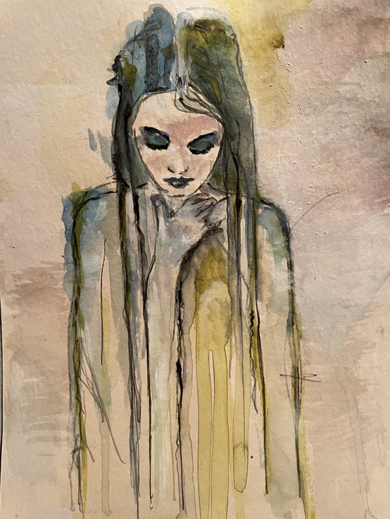 Image 1 of Aquarel ingelijst met passe-partout in antiek lijstje A4formaat titel:”Maak  Ruimte Voor Je Hart”