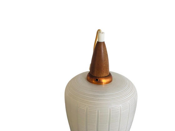 Image 1 of Vintage retro hanglamp van glas en teak hout jaren 60 design 