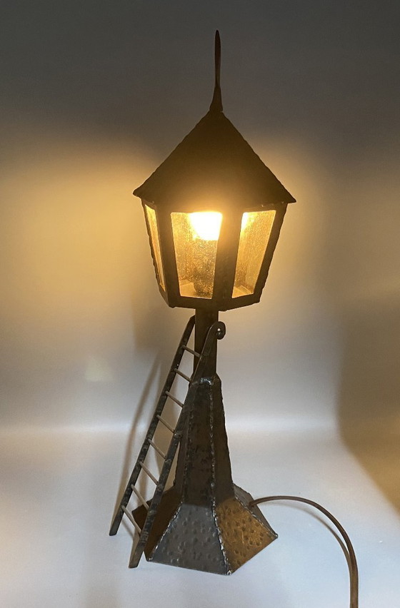 Image 1 of Vintage handgesmede smeedijzeren vuurtoren tafellamp – Rustieke 