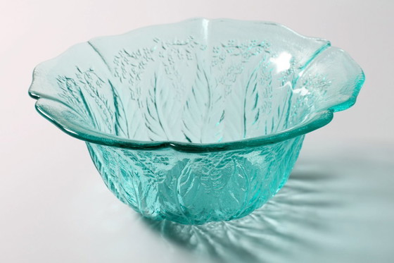 Image 1 of Vintage Teal Glass Fruit Bowl: Mid-Century Modern Pukeberg Sweden