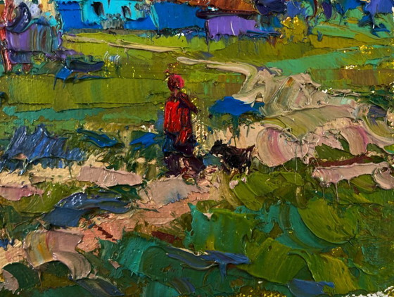 Image 1 of Original Oil Painting Summer House Landscape Beyond the village the path to freedom