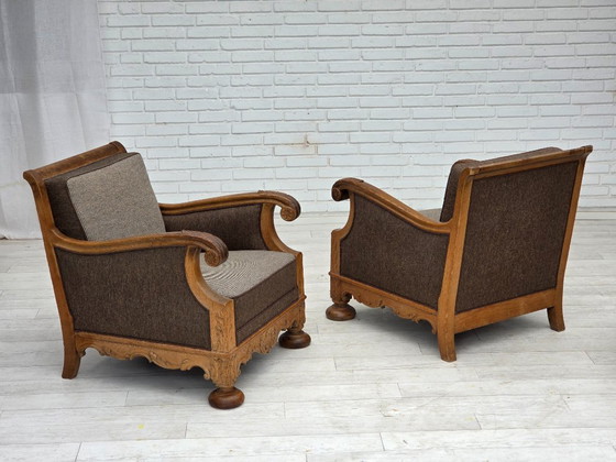Image 1 of Années 1950, fauteuil danois, meuble en laine, bois de chêne massif sculpté.
