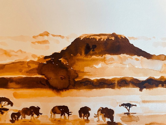 Image 1 of Signed painting of an African landscape and animals, "Kilimanjaro".