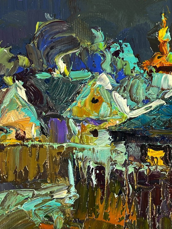 Image 1 of Peinture à l'huile originale représentant un paysage champêtre nocturne au clair de lune dans un village