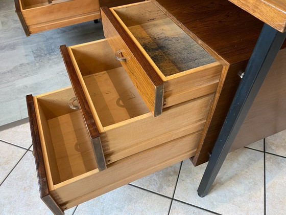 Image 1 of Scrivania direzionale bifacciale in stile scandinavo, in palissandro e metallo, con 6 cassetti, vintage anni '60.