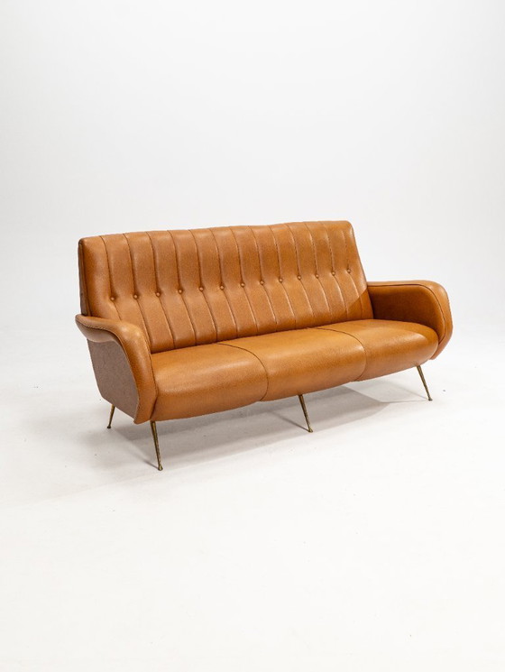 Image 1 of Dreisitzer-Sofa aus Skai-Holz mit Messingfüßen im Stil von Marco Zanuso, 1950er Jahre