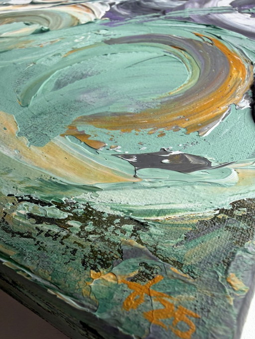 Abstract schilderij met dikke impasto textuur – saliegroene energie | Sage