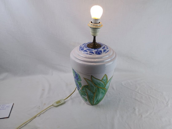 Image 1 of Signed FAM Faïencerie d’Art de la Malicorne Victor Deschang French Vintage Handmade Ceramic Table Lamp Floral Blue Design – 1960
