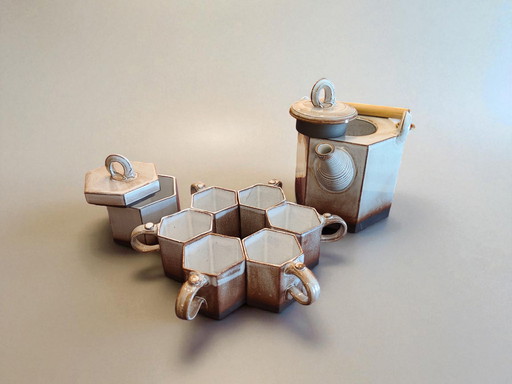 Studio Keramik Tee Set hexagonal signiert FB 1970s Japan Style / Studio Pottery Tea Set hexagonal signed FB
