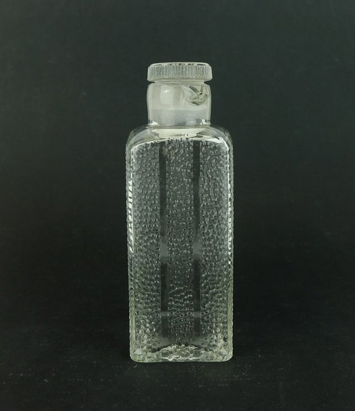 Botella de vidrio prensado Poncet de la década de 1930 para aceite o vinagre, época Bauhaus