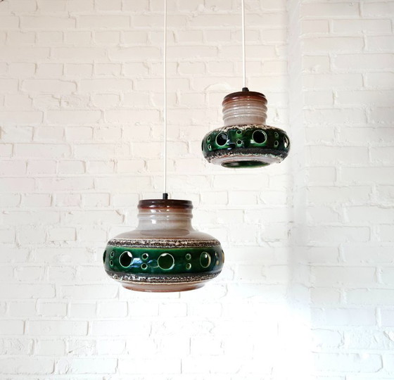 Image 1 of Keramieken aardewerken vintage XXL hanglamp van Herda, west germany fat lava stijl, keramische retro, groene hanglamp