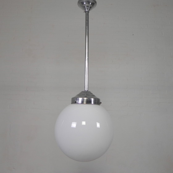 Image 1 of Old School Lamp With Glass Globe In Opal Glass, 1930s