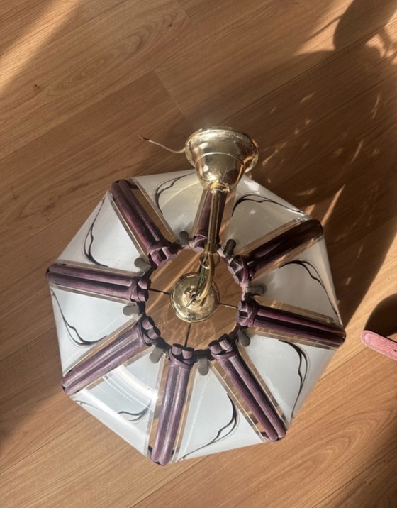 Vintage hanglamp van rotan en mat glas • Tiffany-stijl / Boho chic jaren 70 – Plafondlampen (photo 5 of 5)