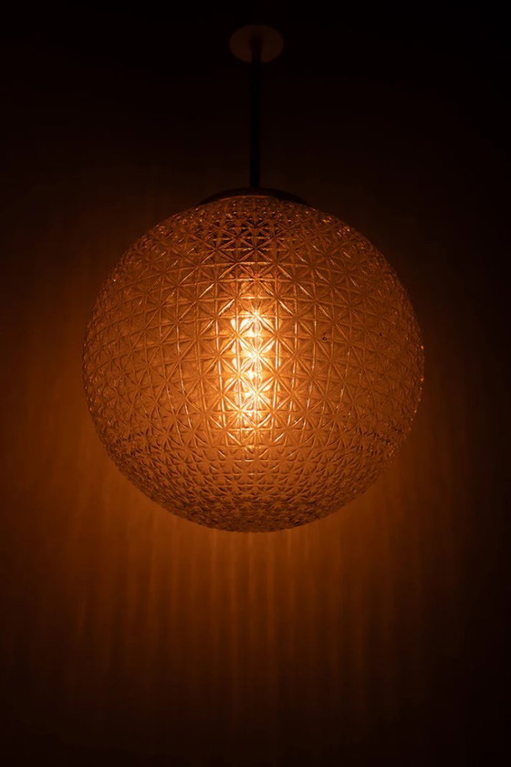 Image 1 of Vintage Mid Century Modern round glass pendant lamp