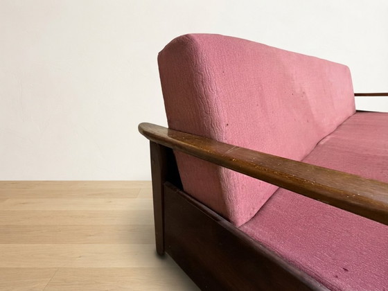Bordeauxrode opklapbare slaapbank van Edmund Homa, mid-century modern, jaren 60, Tsjechoslowakije, 200 × 88 (photo 8 of 13)