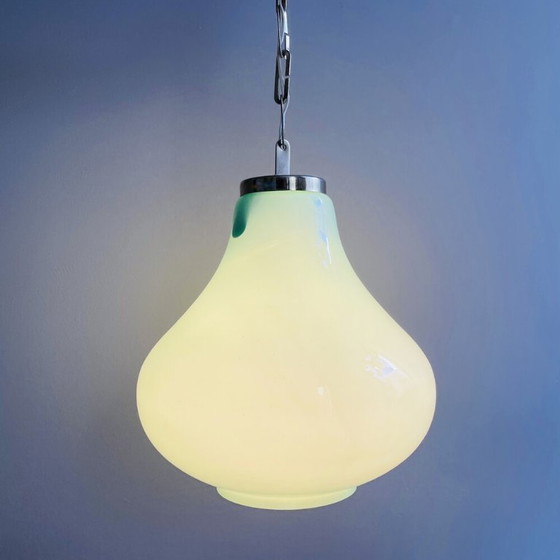 Image 1 of Suspension en verre opalin turquoise du milieu du siècle