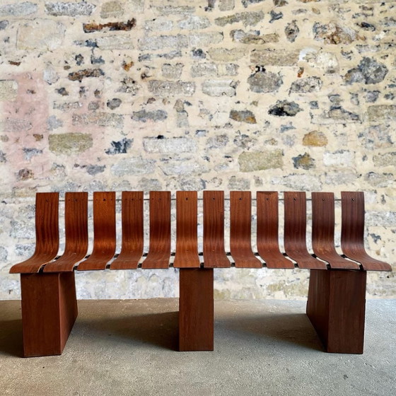 Image 1 of Curved teak and steel bench, 1950