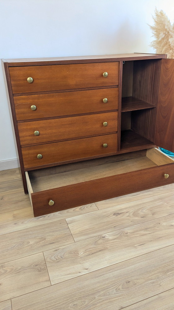 Image 1 of Vintage Scandinavian Wood and Brass Chest of Drawers