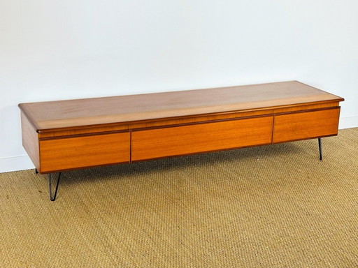 Low Scandinavian teak sideboard with hairpin legs, 1960