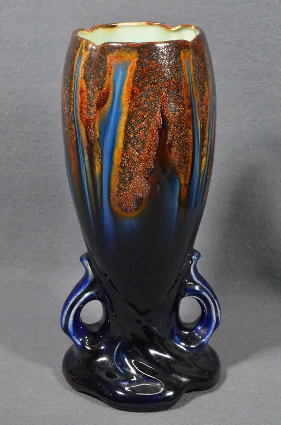 1920s Belgian Art Deco Thulin Model 1943 Blue Drip Glaze Ceramic Vase (photo 9 of 11)