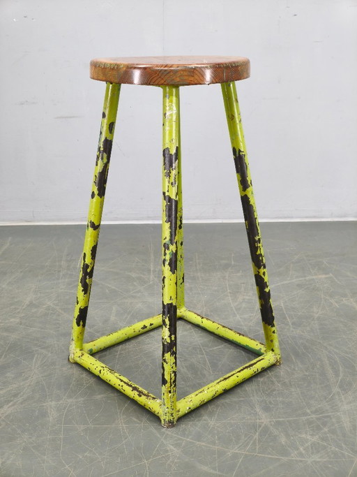Industrial Metal and Wood Stool, Czechoslovakia, 1940s
