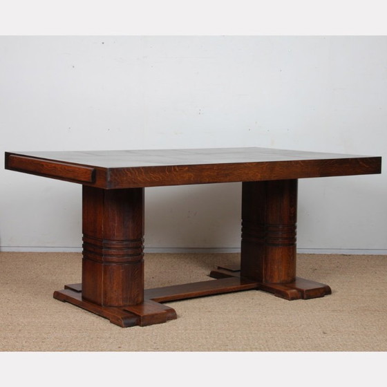 Image 1 of Eikenhouten eettafel in de stijl van Charles Dudouyt, 1940.