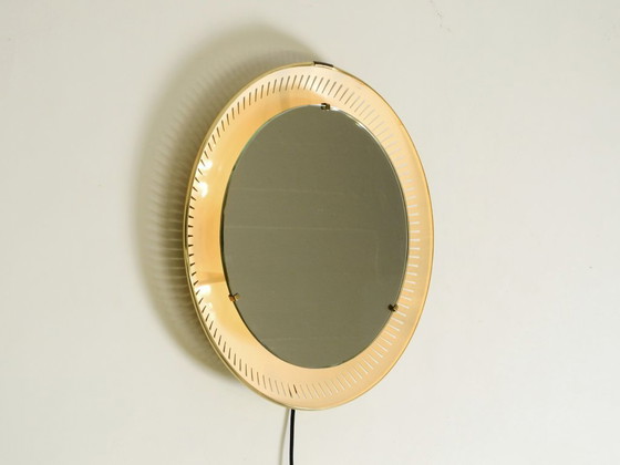 Image 1 of Rare miroir rond illuminé en métal Hillebrand, datant du milieu du XXe siècle (1966).