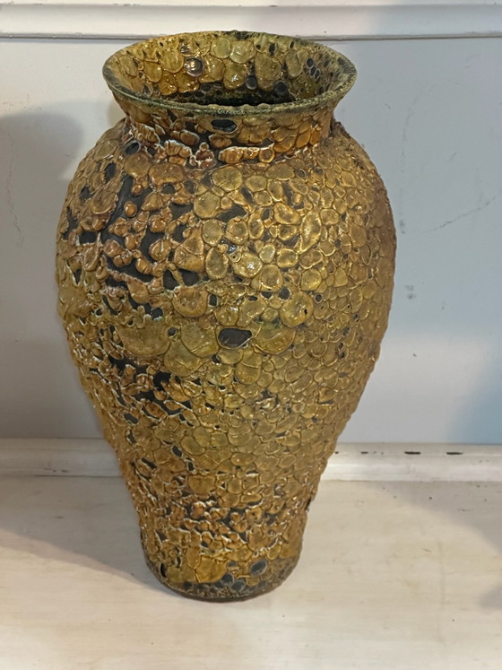 Large textured glazed ceramic vase, 60s/70s - H 40 cm, Yellow (photo 5 of 11)