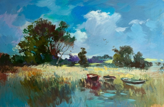 Image 1 of Dipinto ad olio originale, paesaggio costiero con campi e tre barche sul fiume.