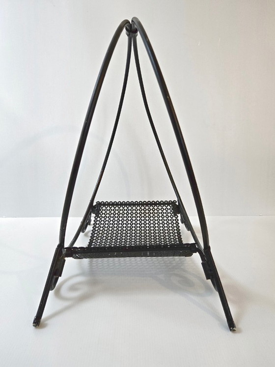 Image 1 of Vintage houtblokhouder uit de jaren 50, metaal en geperforeerd zwart metaal, rockabillystijl uit de jaren 50