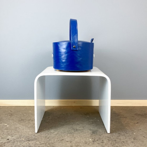 Image 1 of Scatola da cucito vintage, scatola portaoggetti, similpelle blu, anni '70