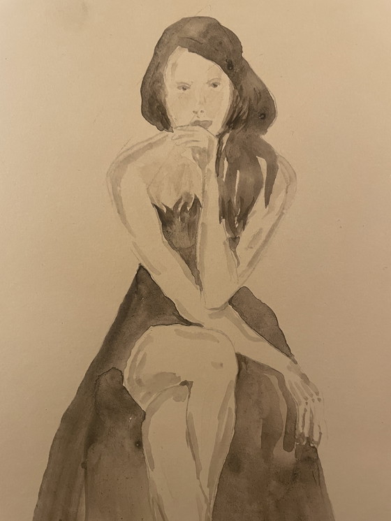 Image 1 of Watercolor Sepia Portrait of a Woman "La Robe Noire" (The Black Dress)