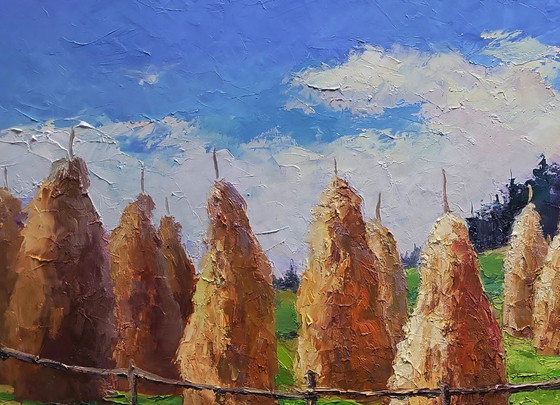 Original Oil Painting Summer Nature Landscape Haystacks in the Mountains – Paintings & Drawings, Canvas (photo 6 of 8)
