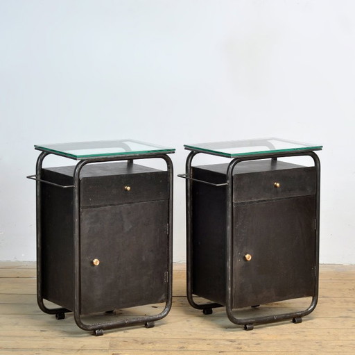 Set di comodini Bauhaus in ferro e vetro, anni '20