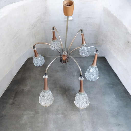 Große, originale 6-armige 60/70er Deckenleuchte im Holz-Kristall Look